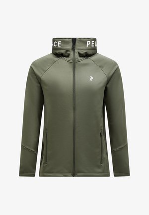 Olivengrøn lynlåsjakke med højt krave, sorte detaljer, hvid tekst "PEACE" og to sidelommer med lynlås. Glat, strækbart stof.