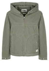 Veste à capuche vert khaki en tissu doux, dotée d'une fermeture éclair à l'avant, de deux grandes poches à rabat et de poignets à pression.