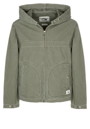 Veste à capuche vert khaki en tissu doux, dotée d'une fermeture éclair à l'avant, de deux grandes poches à rabat et de poignets à pression.