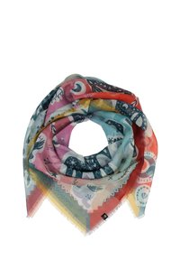 Bufanda de colores con un estampado en forma circular, hecha de una tela ligera con diseños geométricos y florales. Los bordes están desflecados.