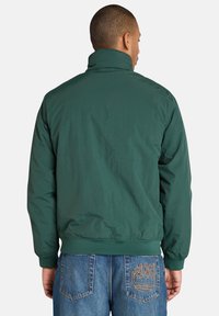 Grüne, leichte Bomberjacke mit hohem Kragen und elastischen Bündchen. Glattes Material mit lockerer Passform, das ein Logo auf der Rückentasche trägt.