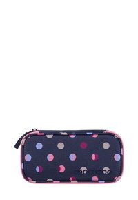 Navy blue pencil case with multicolored polka dots in pink, purple, beige, and pink piping, featuring a zipper and "coocazoo" logo.