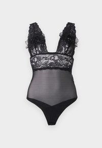 Mustat pitsiset bodysuitit, joissa on läpinäkyvät paneelit, syvä V-pääntie ja koristeelliset kukkakoristeet olkaimissa. Sisältää stringileikkauksen ja monimutkaisen pitsikuvion designin.