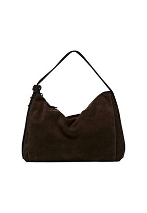 Borsa hobo in suede marrone con una forma morbida e cadente, dotata di una singola tracolla e un sottile dettaglio di cucitura lungo i bordi.