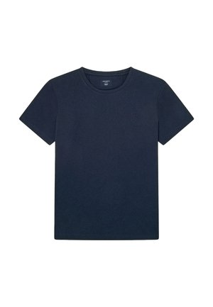 Námornícky modré tričko s krátkym rukávom vyrobené z mäkkej bavlny, s klasickým okrúhlym výstrihom a malým vyšitým logom na ľavej hrudi.