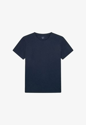 Námornícky modré tričko s krátkym rukávom vyrobené z mäkkej bavlny, s klasickým okrúhlym výstrihom a malým vyšitým logom na ľavej hrudi.