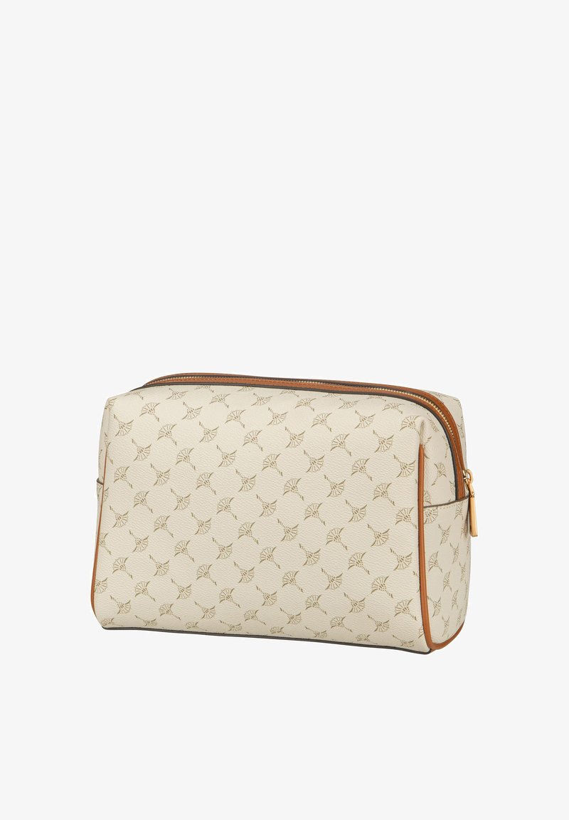 Trousse de toilette rectangulaire beige avec bordure marron, fermeture éclair dorée et motif répétitif de petites feuilles stylisées.