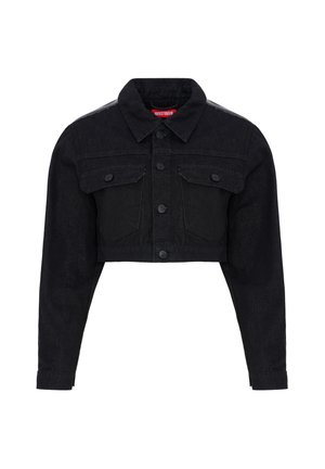 Veste en denim noire cropped, manches longues, boutonnée sur le devant, deux poches à rabat sur la poitrine et un col.