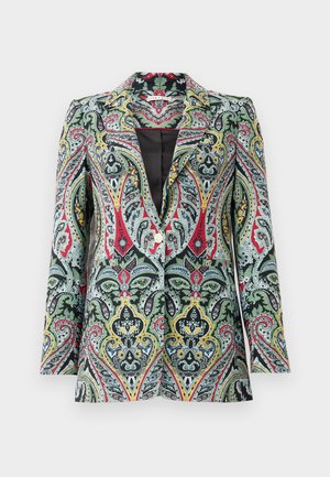 Farverig blazer med paisley-mønster, spids krave, sort foering og en enkelt knaplukning, prydet med grønne, røde og gule accenter.