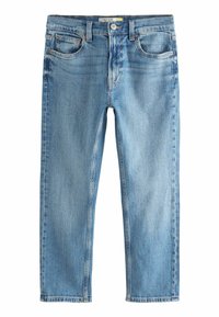 Lichtblauwe denim cropped slim jeans met een vijf-pocket ontwerp, knoopsluiting, zichtbare naden en lichte vervagingdetails.