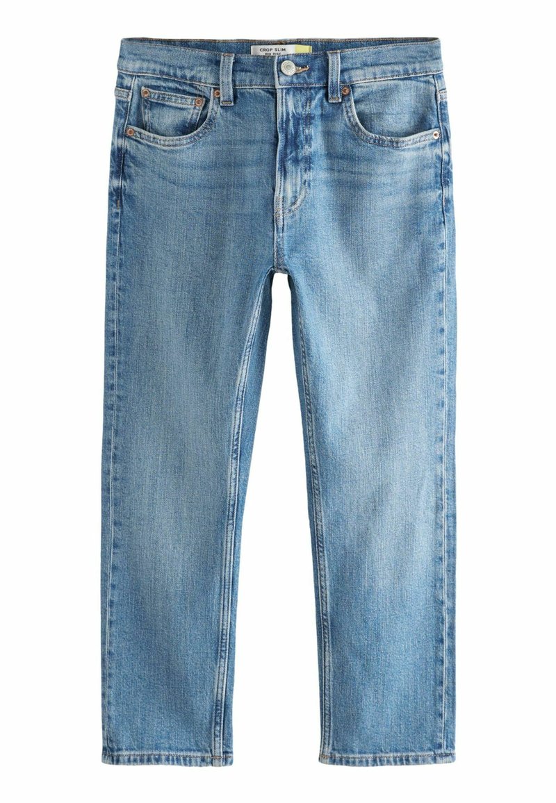 Lichtblauwe denim cropped slim jeans met een vijf-pocket ontwerp, knoopsluiting, zichtbare naden en lichte vervagingdetails.