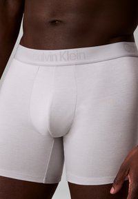 Szare bokserki Calvin Klein wykonane z miękkiego, elastycznego materiału z logo na pasku. Charakteryzują się dopasowanym krojem i gładką teksturą.