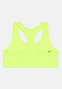 Neon-keltainen urheiluliivi, joka on valmistettu joustavasta materiaalista, ja siinä on urheilullinen takaosa sekä pieni musta Nike-logomerkki.