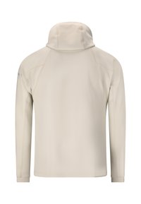 Beige long-sleeve jacket shown from the back, featuring a high collar and simple seam detailing on the shoulders and sleeves.