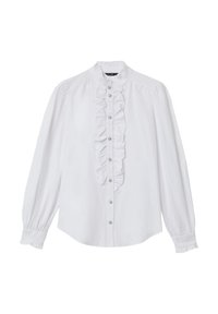 White long-sleeve shirt with a ruffled front, button closure, and a banded collar. Made of smooth fabric with gathered sleeves and cuff details.