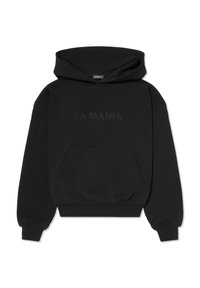 Hanorac negru cu buzunar frontal, croială oversized, logo "LA MANIA" brodat, material moale din amestec de bumbac și manșete și talie cu nervuri.