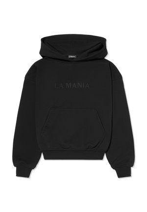 Czarna bluza z kapturem z przednią kieszenią, oversize, z haftowanym logo „LA MANIA”, wykonana z miękkiej mieszanki bawełny, z prążkowanymi mankietami i dołem.