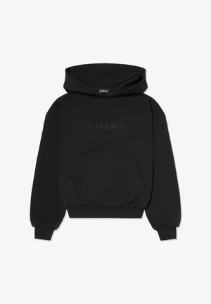 Czarna bluza z kapturem z przednią kieszenią, oversize, z haftowanym logo „LA MANIA”, wykonana z miękkiej mieszanki bawełny, z prążkowanymi mankietami i dołem.