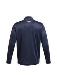 Dunkelblauer Langarm-Pullover mit hohem Kragen und strukturiertem Stoff. Auf der Rückseite, nahe dem Hals, befindet sich ein Under Armour-Logo.