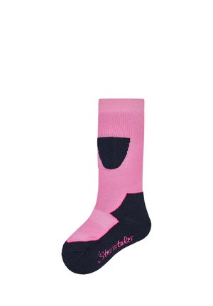 Pink and black knee-high sock with black heel, toe, and patch on the calf, featuring the word "Sterntaler" in pink on the foot bottom.