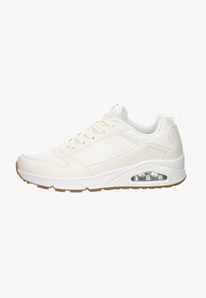 White athletic shoes featuring a smooth synthetic upper, lace-up design, cushioned sole, and visible air cushioning detail at the heel.