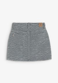 Jupe en denim gris avec un motif zèbre subtil, design à cinq poches et une étiquette sur la taille. Vue de dos affichée.