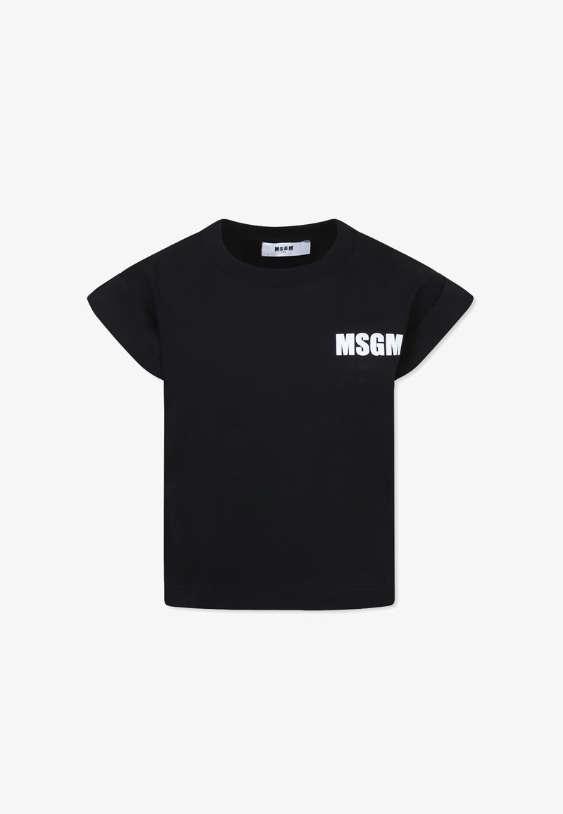 T-shirt nera in cotone con maniche corte, caratterizzata da un logo bianco MSGM stampato sulla parte sinistra del petto. Collo a giroclassico.