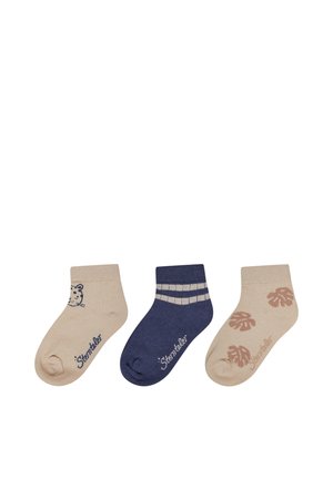 Baumwoll-Knöchelsocken in Beige, Marineblau und Hellbeige; Merkmale sind ein Katzendesign, ein Streifenmuster und ein Blattdruck.