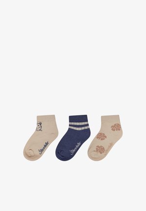Cotton ankle socks in beige, navy, and light beige; features include a cat design, striped pattern, and leaf print.