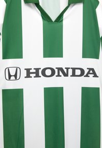 Groene en witte gestreepte voetbalkleding met een V-hals en een zwart "HONDA" logo in het midden. Gemaakt van gladde, lichte stof.