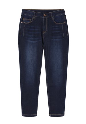 Dark blue denim jeans with a slim fit, featuring front pockets, subtle fading details, and contrast stitching along the seams.