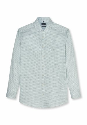 Hellblaues Langarmhemd mit kleinem dunklem geometrischem Muster, spitzem Kragen und einer Brusttasche.