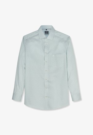 Hellblaues Langarmhemd mit kleinem dunklem geometrischem Muster, spitzem Kragen und einer Brusttasche.