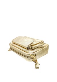 Pochette métallique dorée avec une surface texturée, dotée d'une poche avant et d'un détail zippé. Design compact avec des accents de quincaillerie dorée.