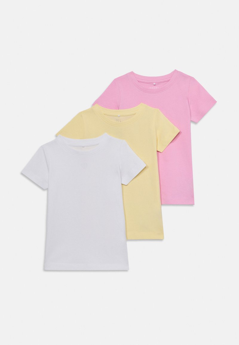 Three short-sleeve t-shirts in white, yellow, and pink. Made from soft cotton with a simple crew neck and a smooth texture.