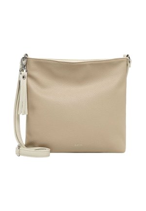 Beige Ledertasche zum Umhängen mit abnehmbarem Schulterriemen und Quastendetail, mit einem dezent geprägten Markennamen auf der Vorderseite.