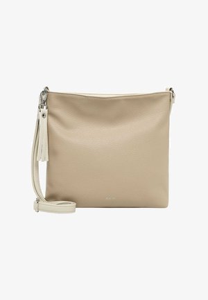 Beige Ledertasche zum Umhängen mit abnehmbarem Schulterriemen und Quastendetail, mit einem dezent geprägten Markennamen auf der Vorderseite.