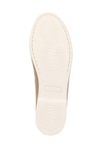 Beige Schuhsohle mit einer strukturierten weißen Gummibasis. Verfügt über eine genähte Kante und mehrere kleine Rillen für besseren Halt.