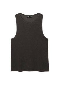 Débardeur en tricot gris foncé avec un design texturé, décolleté rond et sans manches. Le tissu a une qualité respirante, semblable à un maillage.
