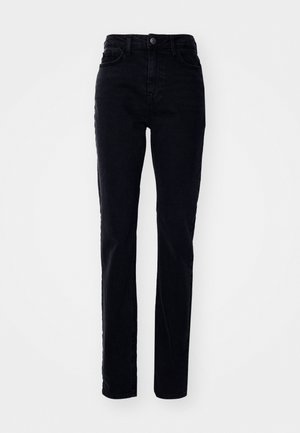 Svarte denimjeans med rett passform, høy midje, fem lommer og knappelukking. Glatt tekstur med en lett glans.