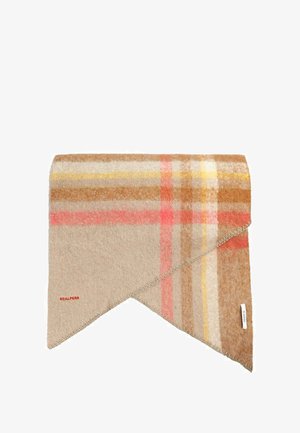 Bufanda de cuadros beige hecha de material suave, con rayas en naranja, rosa y amarillo, con una etiqueta en uno de los bordes y costuras en contraste.