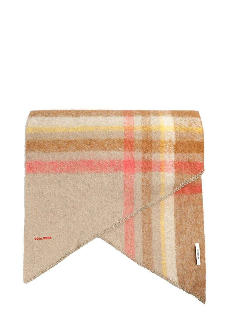 Béžový kostkovaný šátek vyrobený z měkkého materiálu, s pruhy v oranžové, růžové a žluté barvě, s cedulkou na jednom okraji a kontrastním prošíváním.