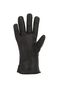 Schwarze Lederhandschuhe mit glatter Oberfläche, fünf Fingern und passgenauem Design. Der Bund ist leicht verlängert für einen sicheren Sitz.