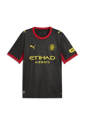 Sort og rød fodboldtrøje med gul Puma-logo, Girona FC-mærke, Etihad Airways sponsor og HY-mærkat på højre ærme.