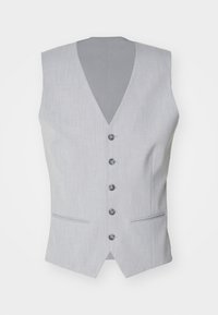 Gilet gris clair avec un col en V, six boutons et deux poches avant, présentant un tissu texturé et une doublure intérieure lisse.