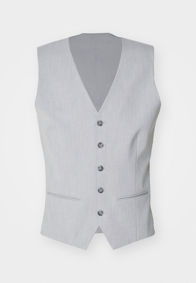 Gilet gris clair avec un col en V, six boutons et deux poches avant, présentant un tissu texturé et une doublure intérieure lisse.