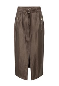Hoge taille bruine midi-jurk met een voorknin, stoffen riem met dubbele ringgesp en met rits afgesloten zijzakken.