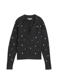 Tmavě šedý cardigan vyrobený z měkkého materiálu, s malými bílými a zlatými srdíčky a pěti černými knoflíky vpředu.