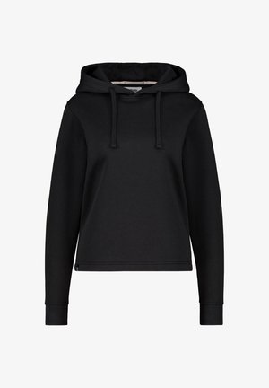 Schwarzer Kapuzensweatshirt aus weichem Stoff, mit einer Kängurutasche, Rippbündchen und einem lässigen Schnitt.