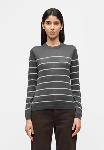 Pull gris à manches longues avec des rayures horizontales gris clair, col rond et poignets côtelés, porté avec un pantalon marron foncé.